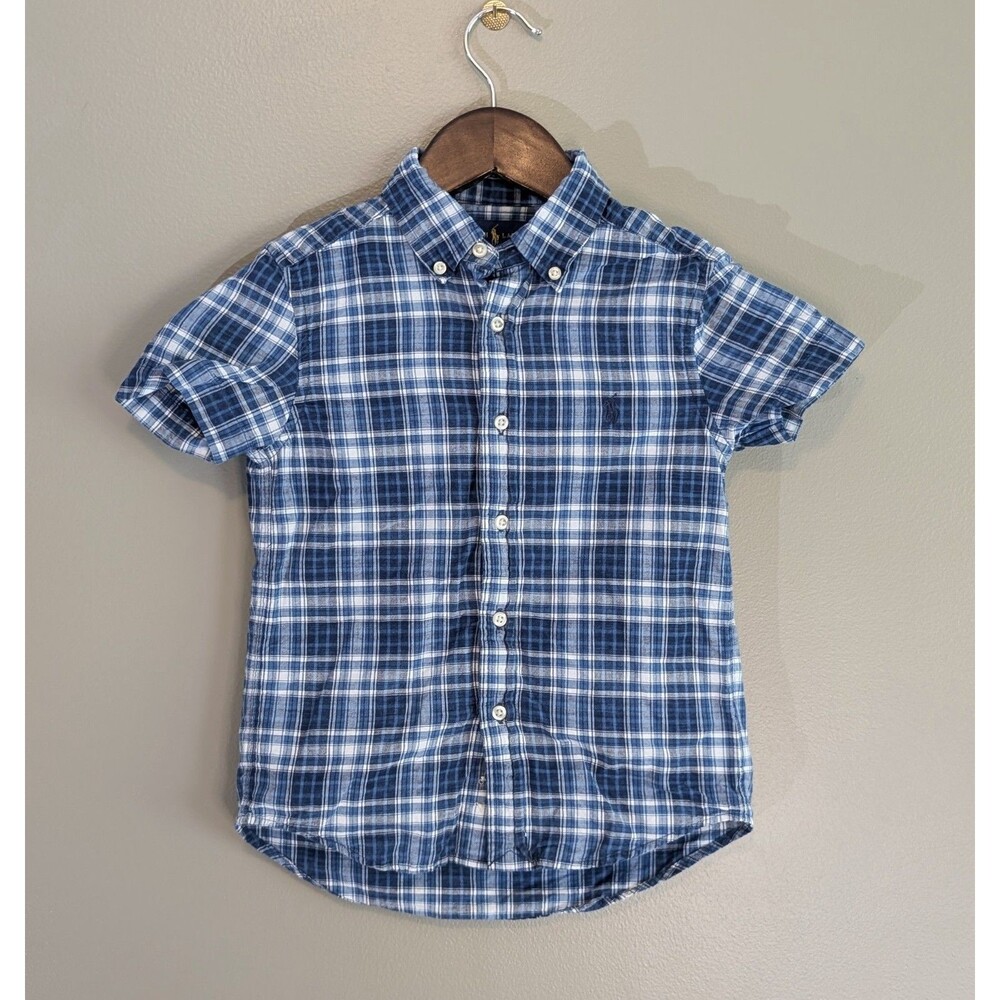Ralph Lauren Boys 5 Blue Plaid Button Down Short Sleeve Shirt Cotton Kids Preppy